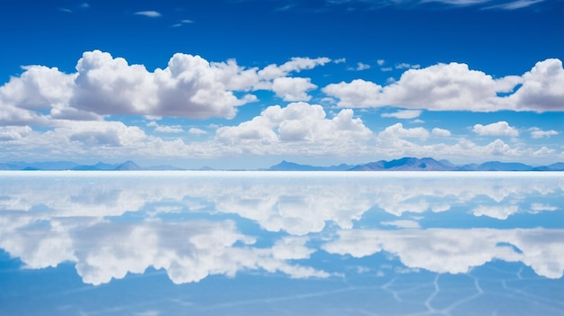 Efecto espejo en el salar de Uyuni con montañas y nubes en la vista