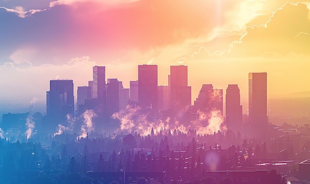 Efecto de isla de calor urbana con el horizonte de la ciudad