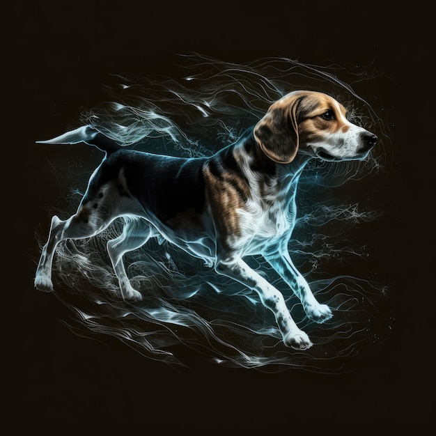 Efecto mágico patronus sobre fondo negro corriendo destello de luz perro  beagle