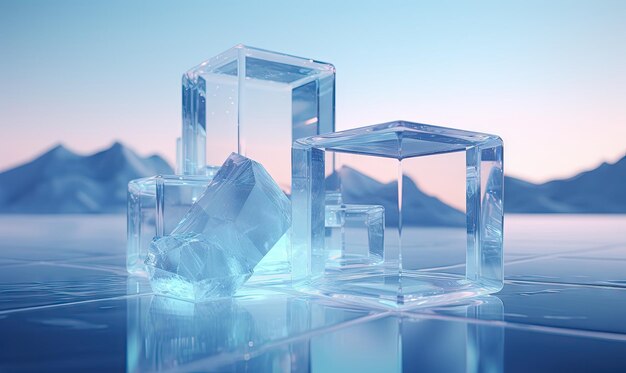 Efecto de morfismo de vidrio moderno que muestra una serena vista de la montaña sobre un fondo azul fresco Fondo con forma de cubo de vidrio abstracto Creado con herramientas generativas de IA