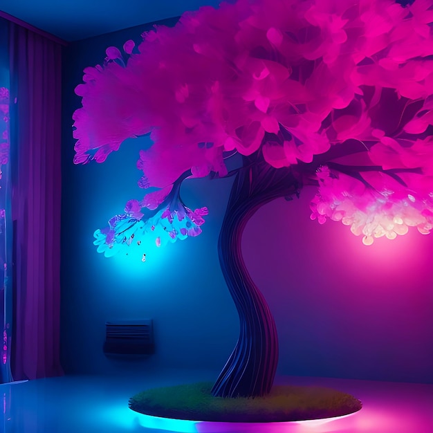 Efecto de neón 3D en el suelo y la pared de fondo con un árbol de flores vibrante en primer plano