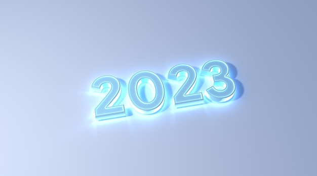 Efecto de neón de color azul de año nuevo 2023 sobre fondo blanco Representación de ilustración 3d. Feliz año nuevo