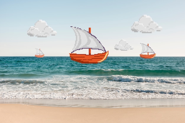 Foto efecto pixel art digital de barcos en el agua.