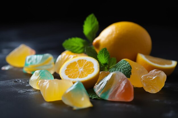 Foto efecto refrescante en boca de cítricos sabor a pastillas para la tos mentoladas ai generativo