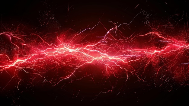 Efecto de relámpago moderno de energía eléctrica en fondo negro Explosión de chispa roja Ilustración de VFX Descarga de energía Tormenta de neón