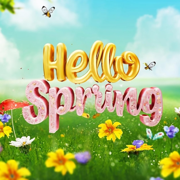 Efecto de texto 3D Hola Primavera con fondo de primavera natural