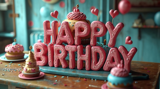 Efecto de texto 3D de la ilustración generada por la IA de Feliz Cumpleaños