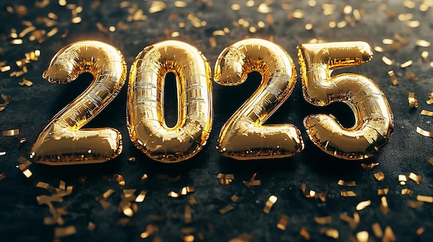 Efecto de texto de globo dorado 2025 con diseño de letras brillantes