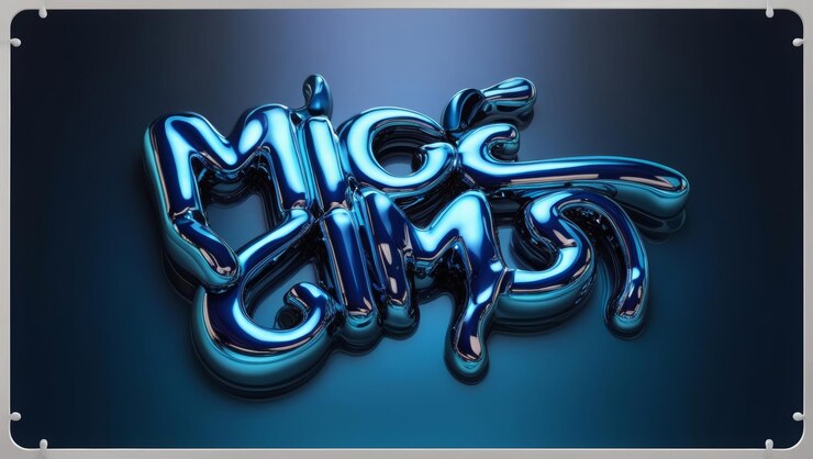Foto efecto de texto líquido 3d derritiendo letras metálicas con acabado brillante en un fondo de gradiente azul oscuro