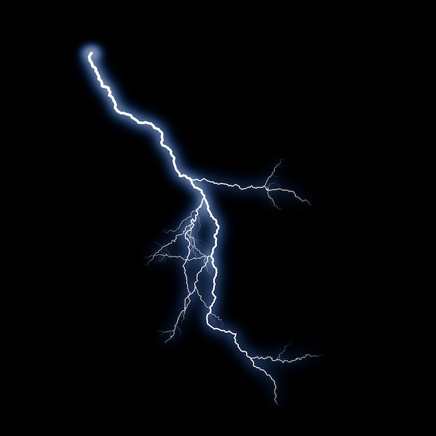 Efecto visual de rayo eléctrico realista aislado en el fondo negro de la noche