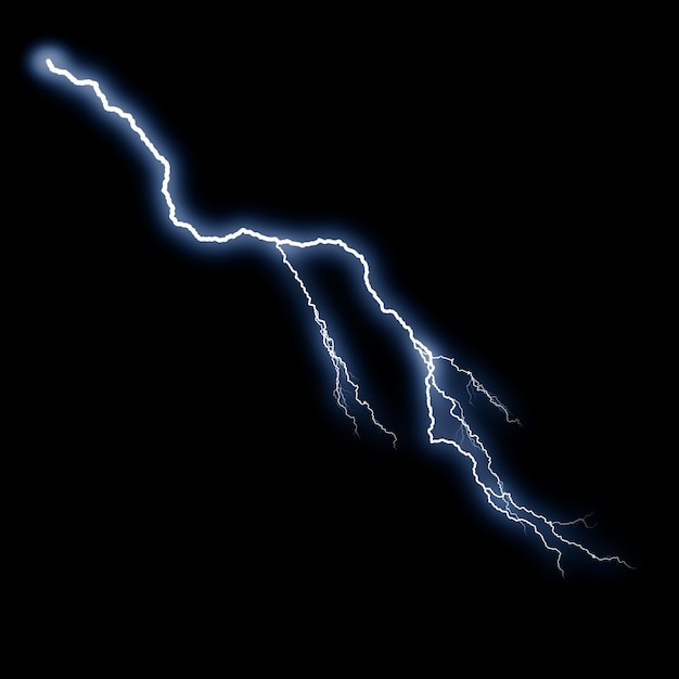 Efecto visual de rayo eléctrico realista aislado en el fondo negro de la noche