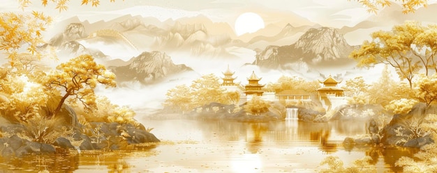 Foto efectos adicionales de hojas de oro con pinturas de paisajes tradicionales chinas