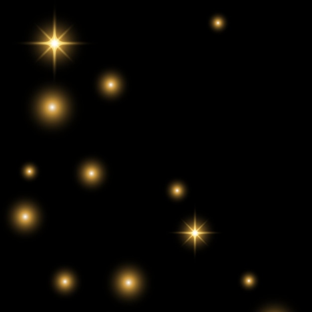 Efectos de brillo de estrellas doradas luces intermitentes con chispas y rayos de brillo aislados en fondo negro Vector conjunto realista de brillo amarillo brillante llamarada de oro con rayos brillantes