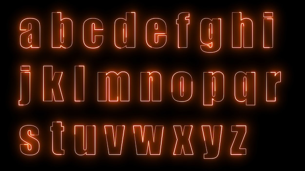 Foto efectos de brillo de renderizado 3d de los contornos de las letras minúsculas del alfabeto inglés