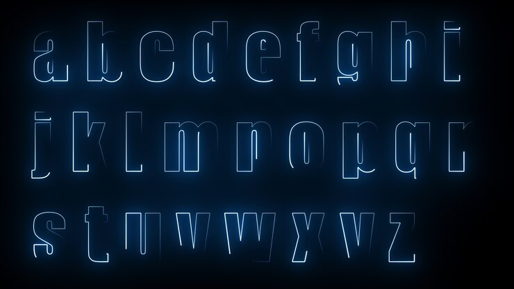 Foto efectos de brillo de renderizado 3d de los contornos de las letras minúsculas del alfabeto inglés