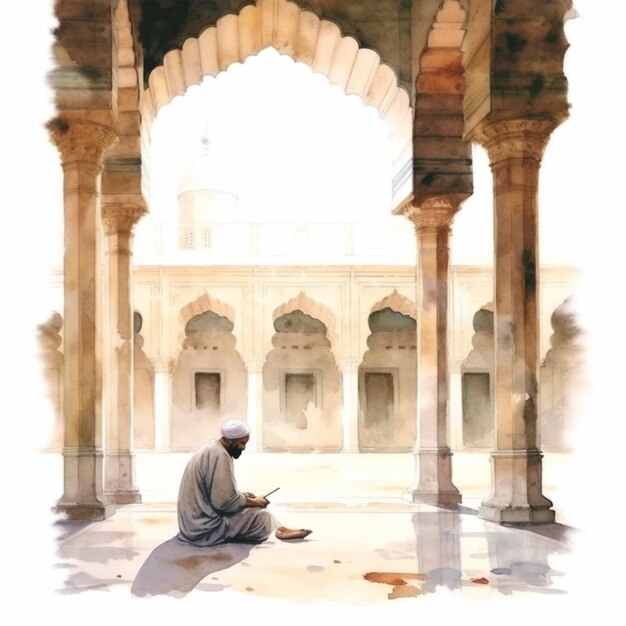 Efeito aquarela Ilustração de um homem sentado em uma mesquita