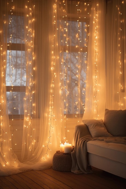 Efeito bokeh quente de luzes de natal cintilantes em uma sala aconchegante criada com IA generativa