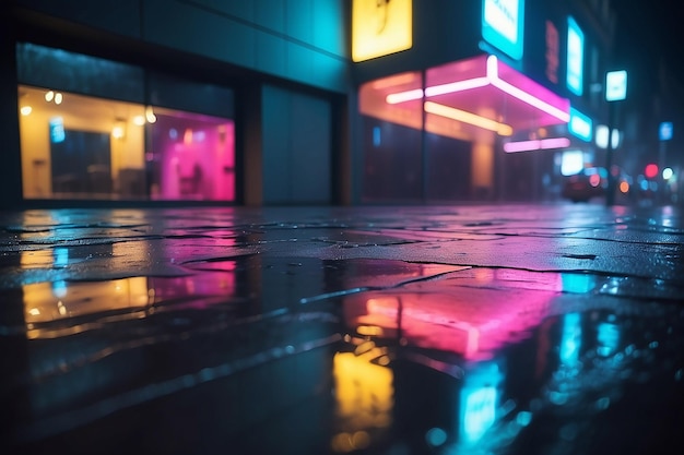 Efeito de luz fundo desfocado Asfalto úmido visão noturna da cidade reflexos de néon no chão de concreto