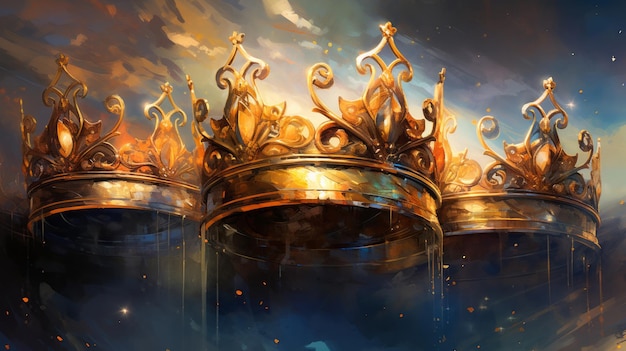 Foto efeito de pintura a aquarela mostrando coroas reais em meio a uma atmosfera mágica e brilhante