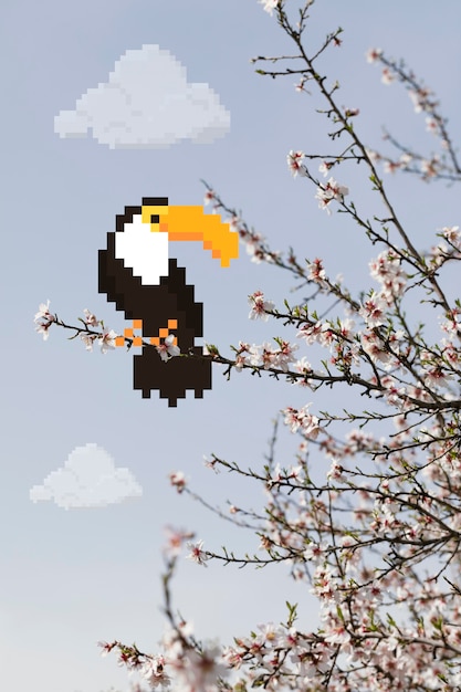 Efeito de pixel art digital de tucano em árvore