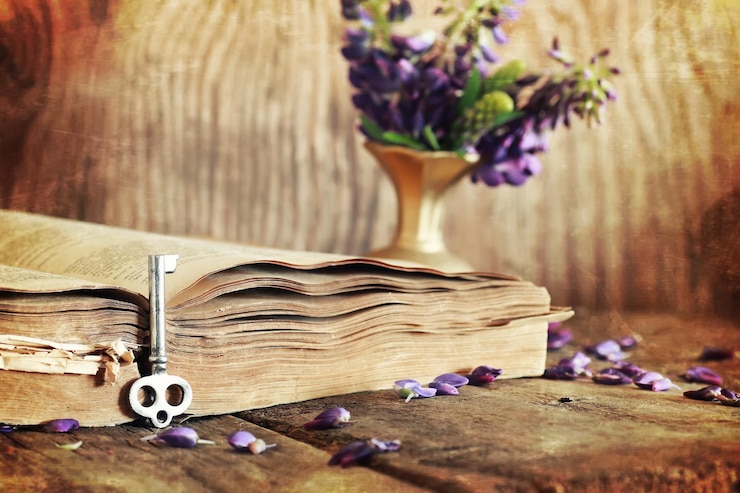 Foto efeito de sctrathes no livro de fotos retrô na chave da mesa de madeira