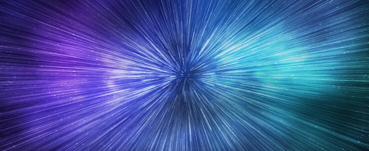 Foto efeito de velocidade do hiperespaço no céu estrelado noturno banner horizontal da galáxia azul brilhante