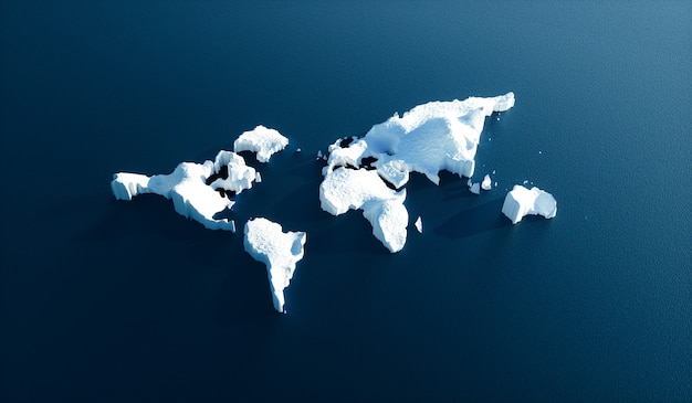 Efeito do aquecimento global na natureza. Imagem conceitual do derretimento da geleira em forma de mundo em águas azuis profundas. Ilustração 3D.
