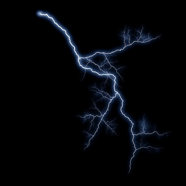 Foto efeito visual de relâmpago elétrico realista isolado no fundo da noite negra