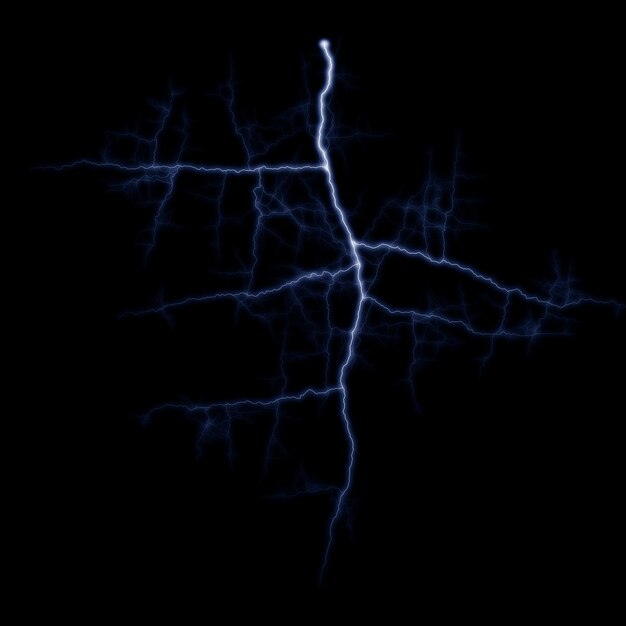 Efeito visual de relâmpago elétrico realista isolado no fundo da noite negra