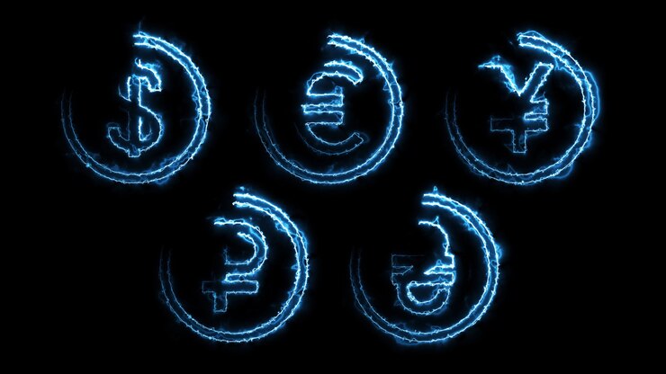 Foto efeitos de brilho de renderização 3d de contornos de moedas em um fundo preto