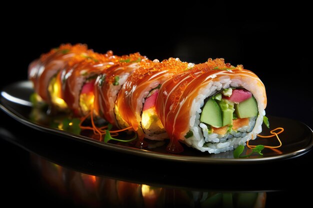 Effektvolles Servieren von Sushi-Rollen mit Lachs