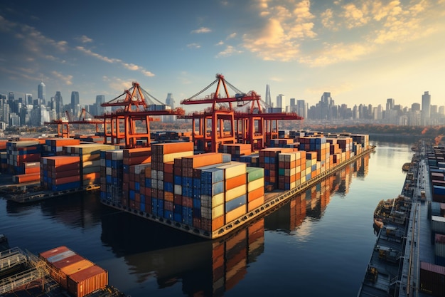 Effiziente Import-Export-Logistik. Frachtcontainer werden von Kränen, Flugzeugen und LKWs umgeschlagen