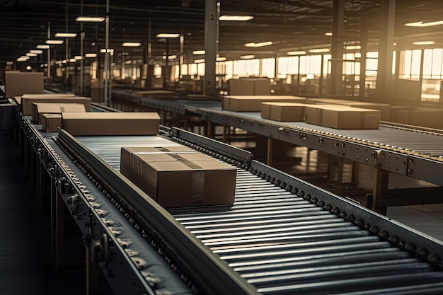 Effiziente Logistik Ein faszinierender Blick auf Förderbänder in Bewegung, die Pakete mit Präzision und Effizienz schnell sortieren