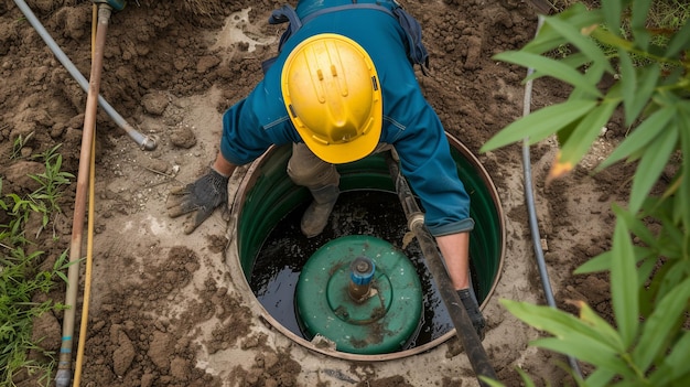 Effiziente Wartung Ein erfahrener Arbeiter pumpt einen septikbehälter aus