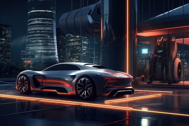 La eficiencia se une a la elegancia Representación 3D de un automóvil eléctrico futurista Una visión de las carreteras del mañana