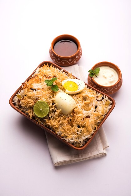 Egg Biryani - Arroz Basmati cozido com ovos assados masala e temperos e servido com iogurte, foco seletivo