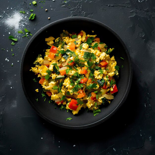 Foto egg e veggie scramble black surface mesa decoração minimalista ar 11 v 6 id de trabalho 597d810c11844b259e35f76ae2b52532