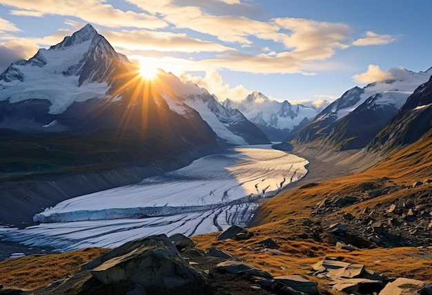 Eggishorn-Berg bei Sonnenaufgang mit dem Aletsch-Gletscher