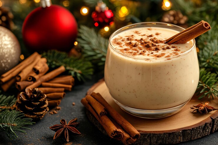 Eggnog con bastón de canela y anís estrella para las vacaciones festivas