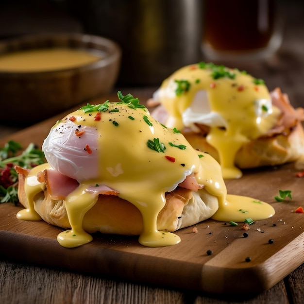 Eggs Benedict auf Holzhintergrund mit Sauce Hollandaise Generative AI