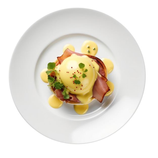 Eggs Benedict auf weißem Teller auf weißem Hintergrund