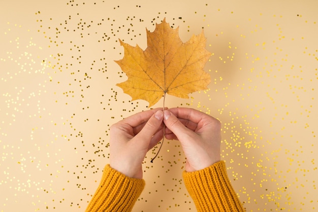 Egoperspektive Foto von Frauenhänden in gelbem Pullover mit orangefarbenem Herbstahornblatt über verstreuten goldenen Pailletten auf isoliertem pastellorangefarbenem Hintergrund