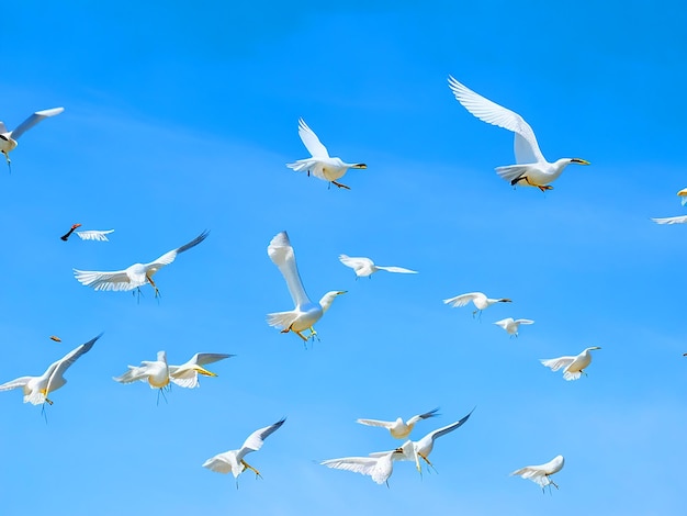 Egretta-Zeitschrift Vögel fliegen in Reihen am Himmel