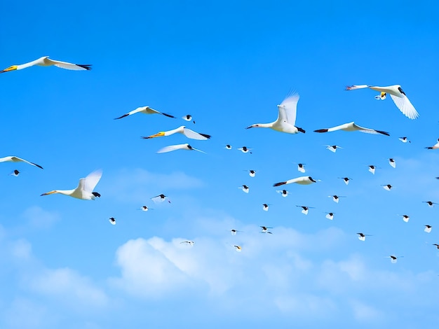 Egretta-Zeitschrift Vögel fliegen in Reihen am Himmel