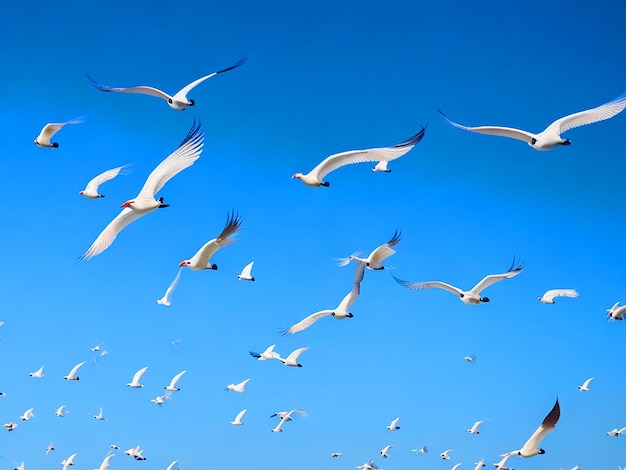 Egretta-Zeitschrift Vögel fliegen in Reihen am Himmel