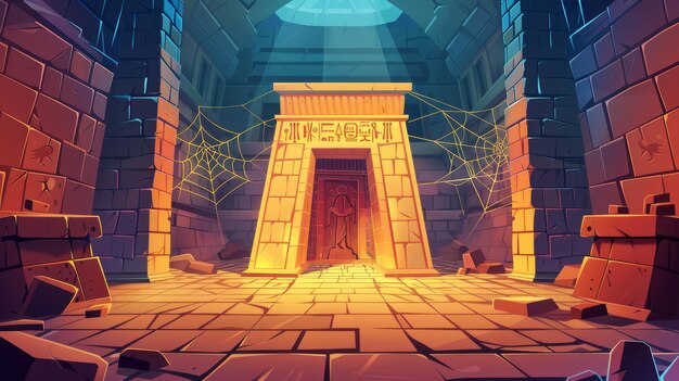 Foto egyptian pyramid interior with stone brick walls hieroglyphs and spiderweb modern cartoon illustration