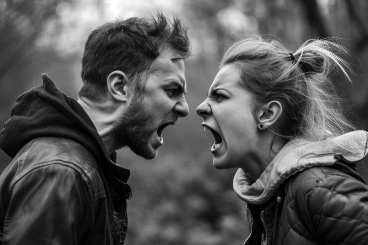 Foto ehemann und frau streiten, schreien, erwachsene menschen.