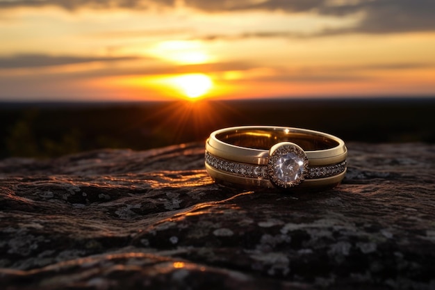 Eheringe auf einem Granitfelsen mit einem Sonnenuntergang im Hintergrund