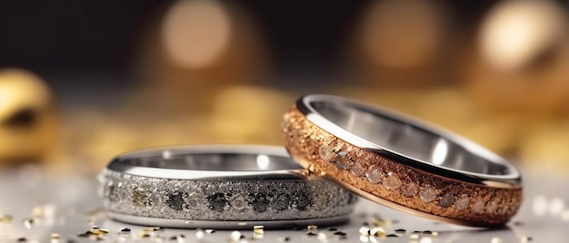 Eheringe mit Silber und Gold auf Bokeh-Hintergrund im Stil von Glitzer und Diamantstaub. Nahaufnahme mit Platz für Text