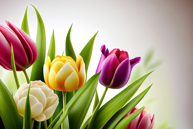 Ehrfürchtig schöne Tulpen Frühling Natur Hintergrund für Web-Banner und Kartendesign im weißen Hintergrund Generative Ai